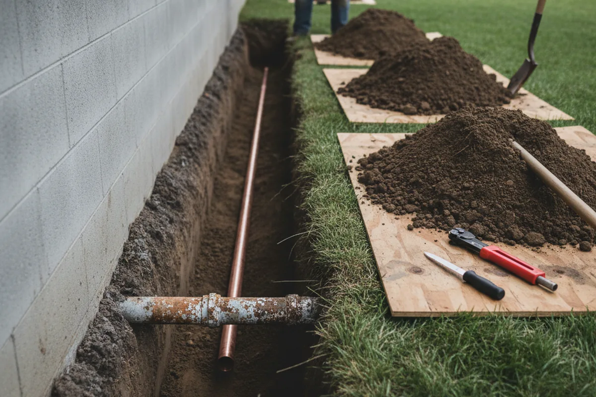 Excavated water line trench during Water Softener Installation in Ponce De Leon
